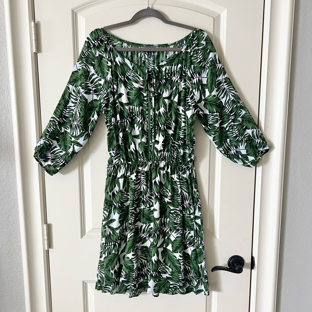 Allison Brittney Tropical Leaf Print Mini Dress - Green & White Sun Dress Size M